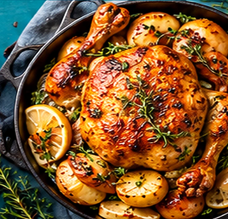 Golden roast chicken with herbs, lemons and potatoes on a teal table
