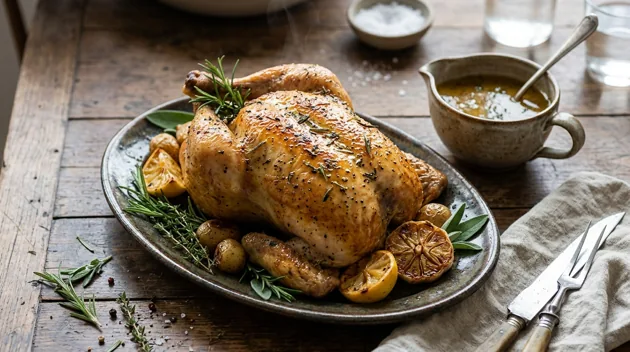 Herb-roasted whole chicken served with garlic and roasted potatoes