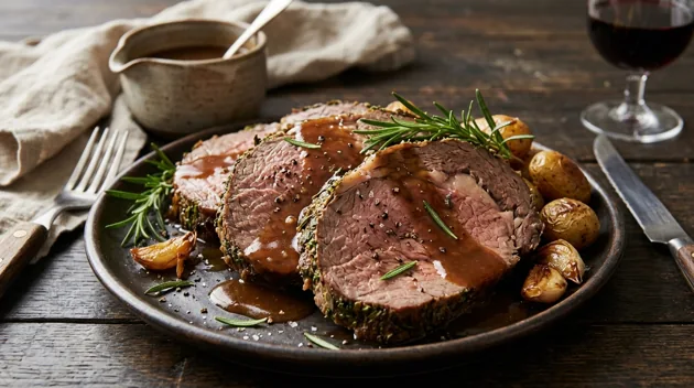 Slow-Roasted Beef with Rosemary and Rich Brown Gravy, freshly prepared