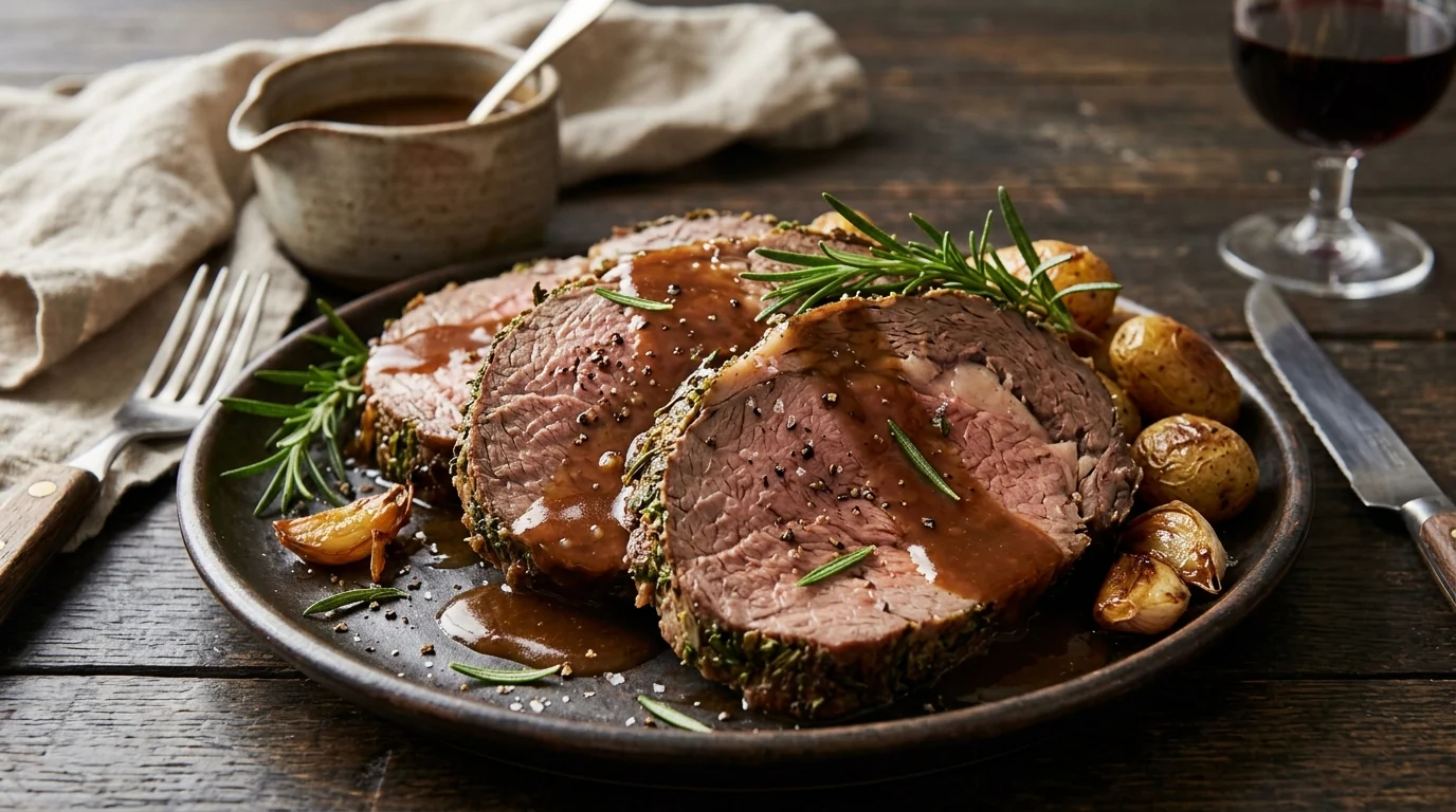 Slow-Roasted Beef with Rosemary and Rich Brown Gravy plated and ready to serve