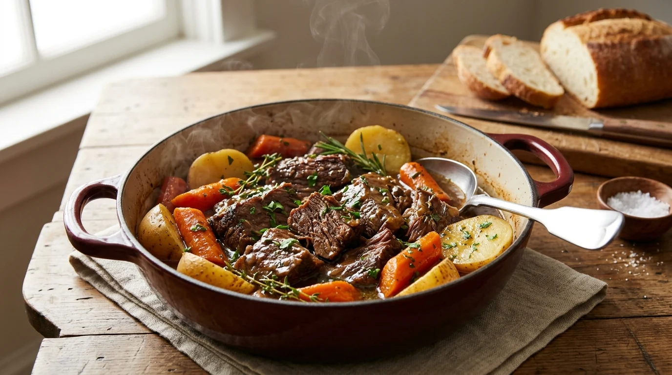 Classic Sunday Pot Roast with Carrots and Potatoes plated and ready to serve