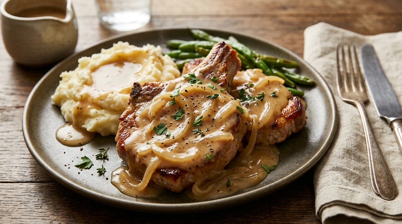 Oven-Baked Pork Chops with Creamy Onion Gravy plated and ready to serve