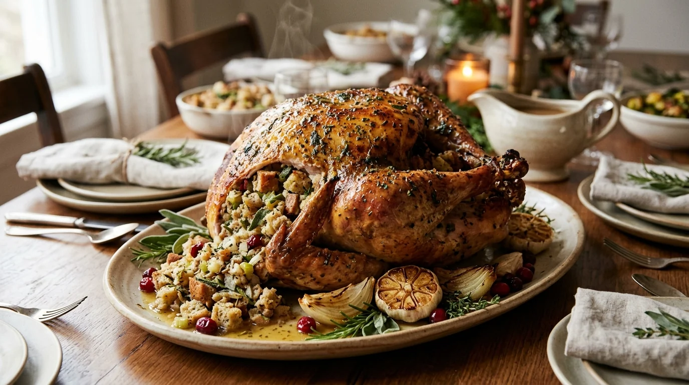 Garlic Butter Roast Turkey with Savory Herb Stuffing plated and ready to serve