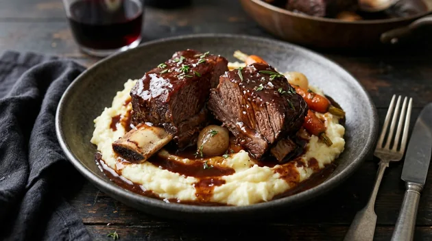 Slow-Cooked Beef Short Ribs with Red Wine Gravy, freshly prepared