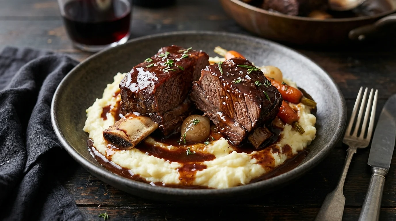 Slow-Cooked Beef Short Ribs with Red Wine Gravy plated and ready to serve