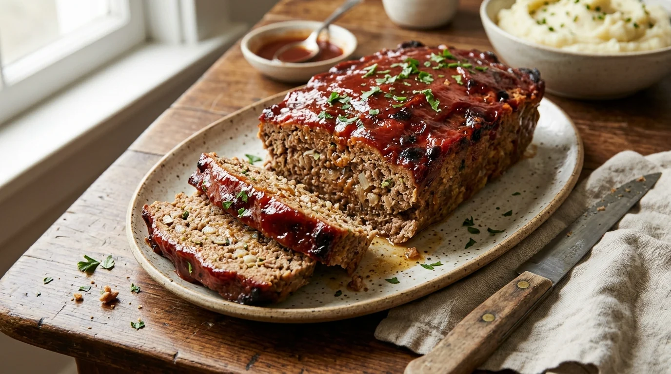 Old-Fashioned Meatloaf with Sweet Tomato Glaze plated and ready to serve