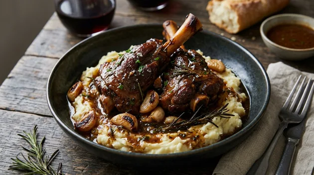 Braised Lamb Shanks with Garlic and Rosemary Sauce, freshly prepared