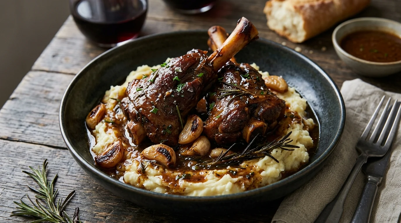 Braised Lamb Shanks with Garlic and Rosemary Sauce plated and ready to serve
