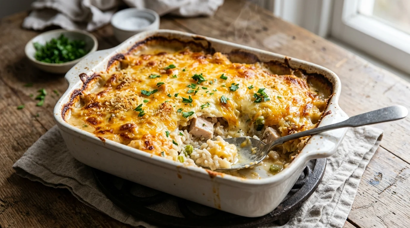 Creamy Chicken and Rice Casserole with Cheddar Cheese plated and ready to serve