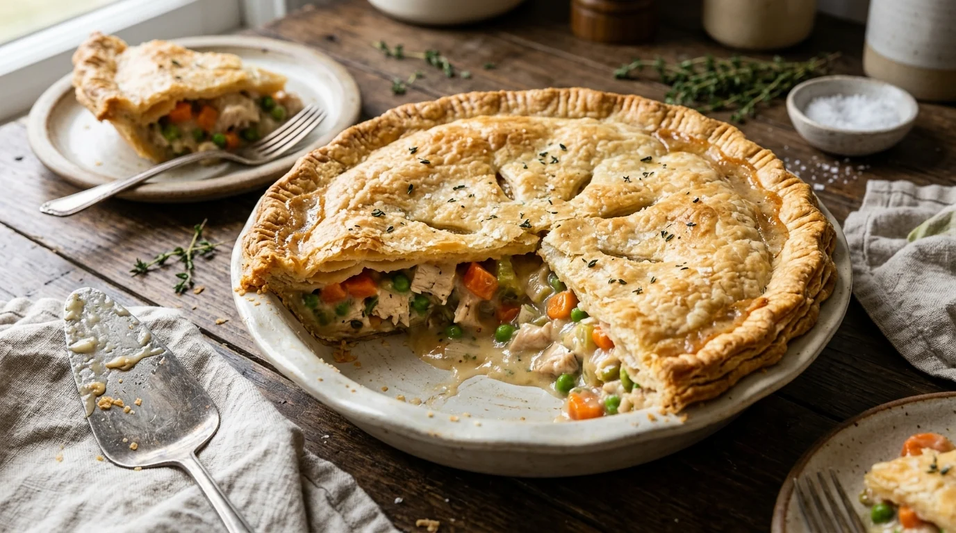 Homemade Chicken Pot Pie with Flaky Butter Crust plated and ready to serve