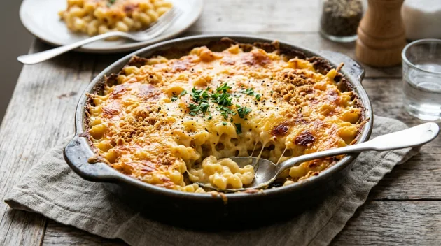 Baked Macaroni and Cheese with Golden Cheddar Topping, freshly prepared