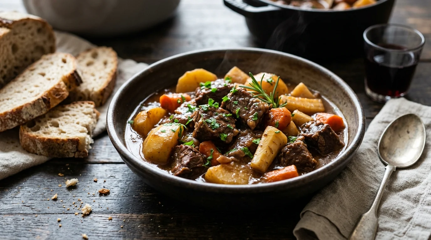 Slow-Cooked Beef Stew with Potatoes and Root Vegetables plated and ready to serve