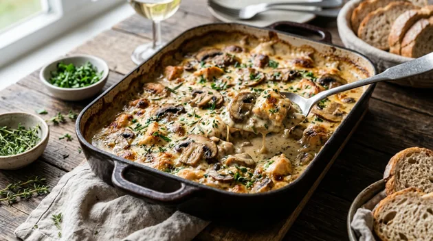 Creamy Chicken and Mushroom Casserole with Herbs, freshly prepared