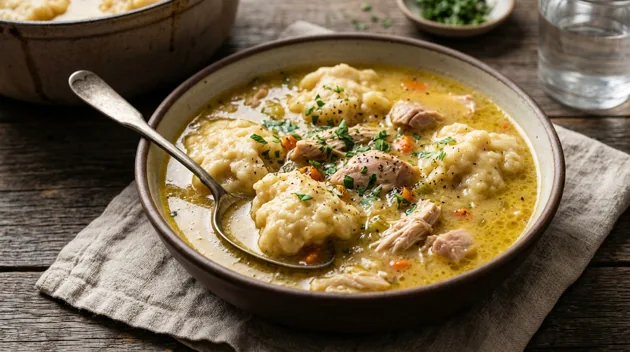 Southern-Style Chicken and Dumplings in Rich Broth, freshly prepared