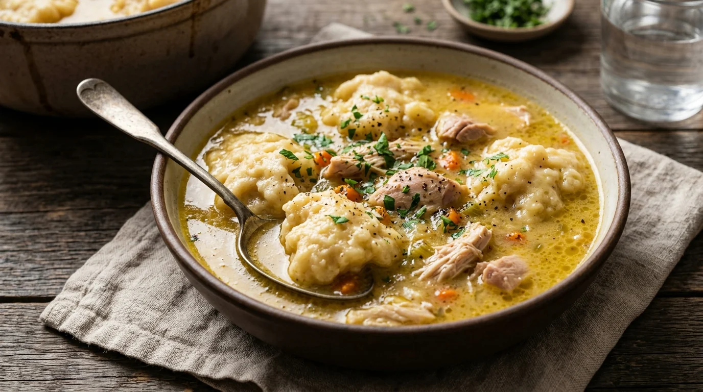 Southern-Style Chicken and Dumplings in Rich Broth plated and ready to serve