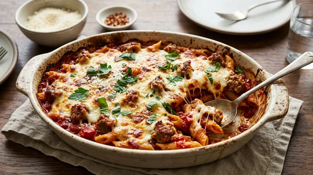 Baked Ziti with Italian Sausage and Melted Mozzarella, freshly prepared
