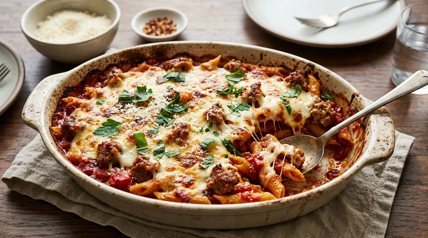 Baked Ziti with Italian Sausage and Melted Mozzarella plated and ready to serve