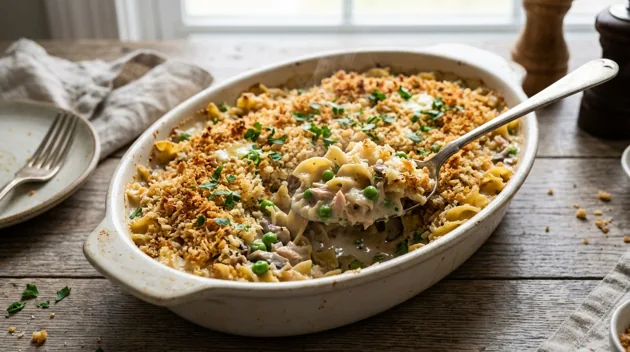 Creamy Tuna Noodle Casserole with Crispy Breadcrumbs, freshly prepared