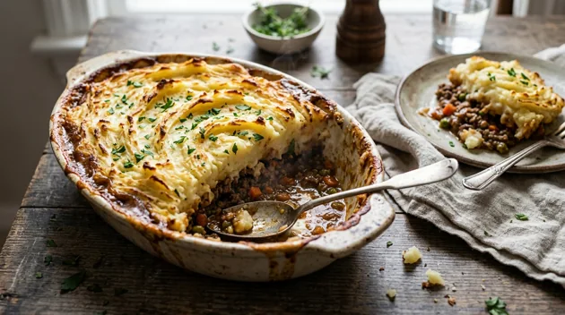 Homemade Shepherd's Pie with Savory Beef Filling, freshly prepared