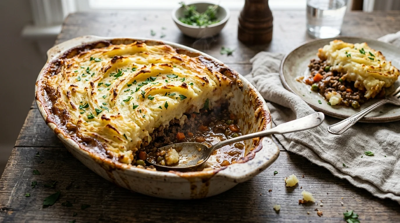 Homemade Shepherd's Pie with Savory Beef Filling plated and ready to serve