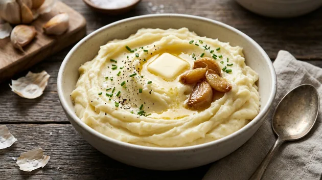 Creamy Mashed Potatoes with Butter and Roasted Garlic, freshly prepared