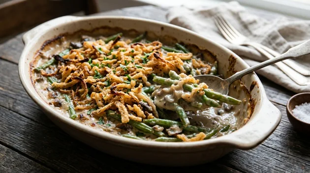 Southern-Style Green Bean Casserole with Crispy Onions, freshly prepared