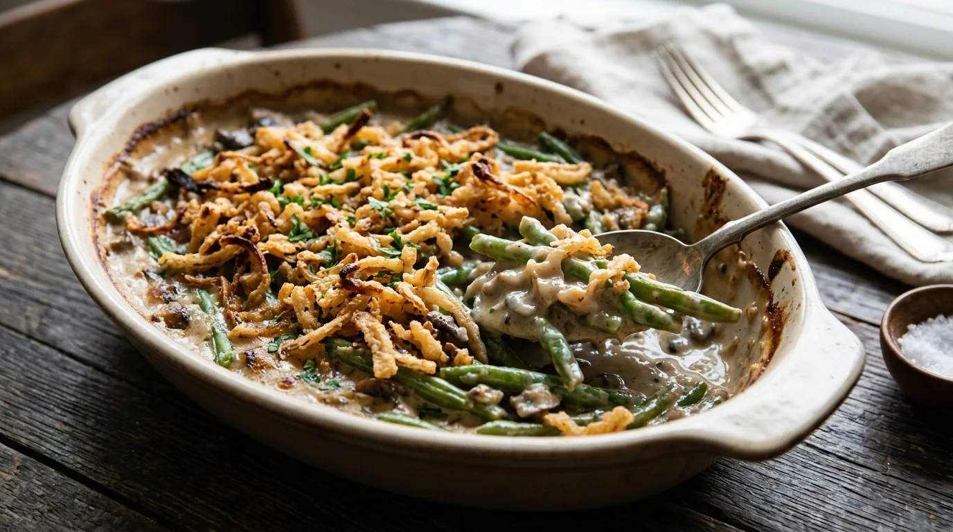 Southern-Style Green Bean Casserole with Crispy Onions plated and ready to serve