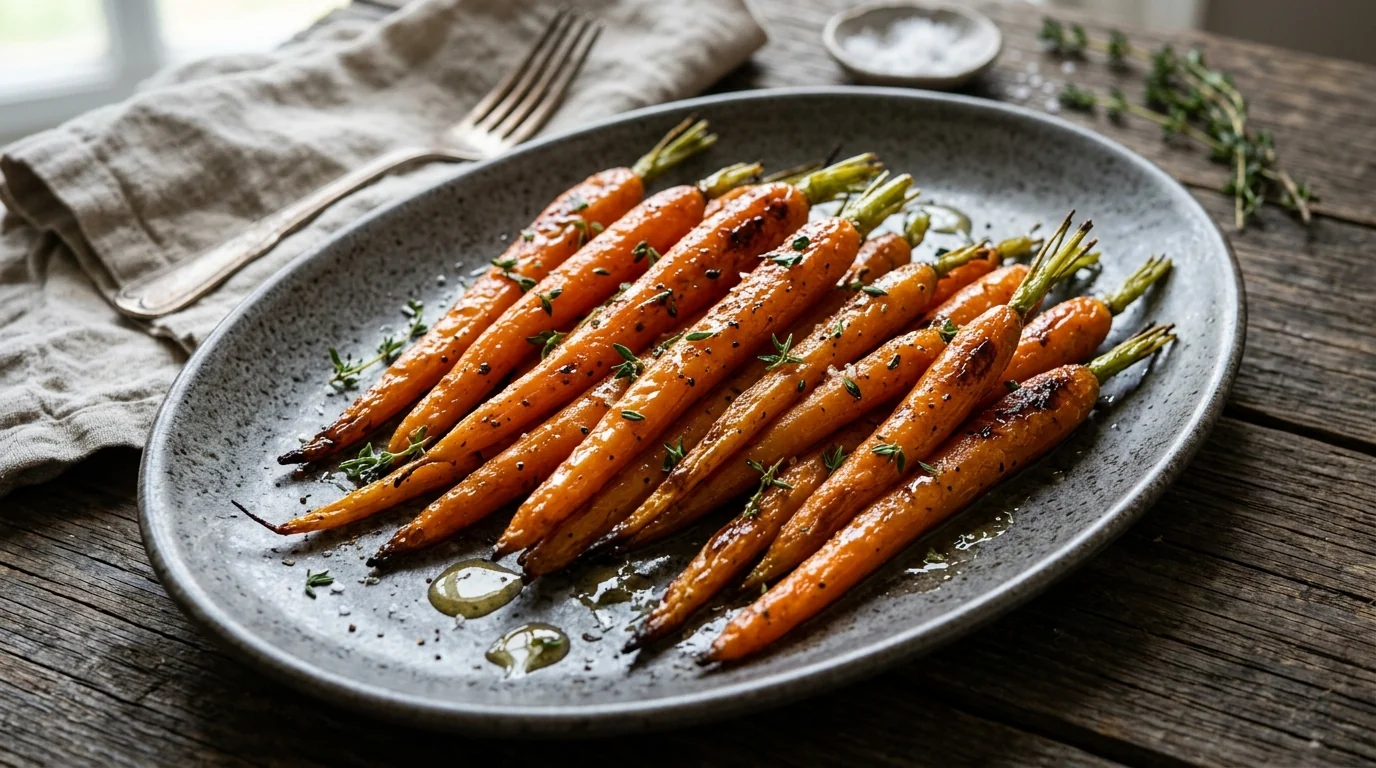 Honey-Glazed Carrots with Butter and Fresh Thyme plated and ready to serve