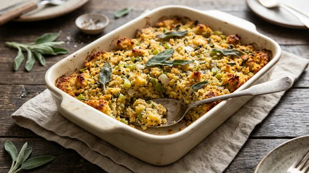 Classic Cornbread Dressing with Celery and Fresh Sage, freshly prepared