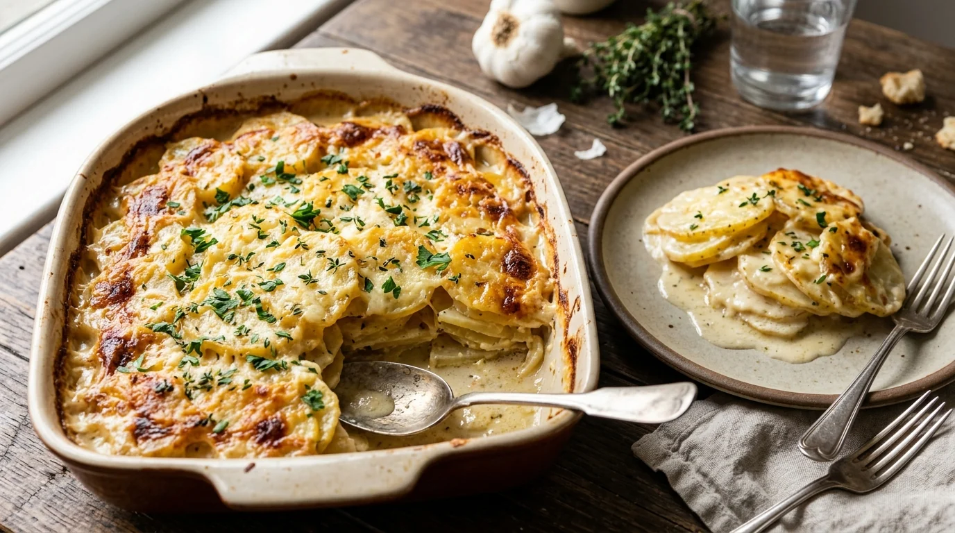 Cheesy Scalloped Potatoes with Creamy Garlic Sauce plated and ready to serve