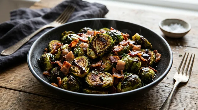 Roasted Brussels Sprouts with Bacon and Balsamic Glaze, freshly prepared