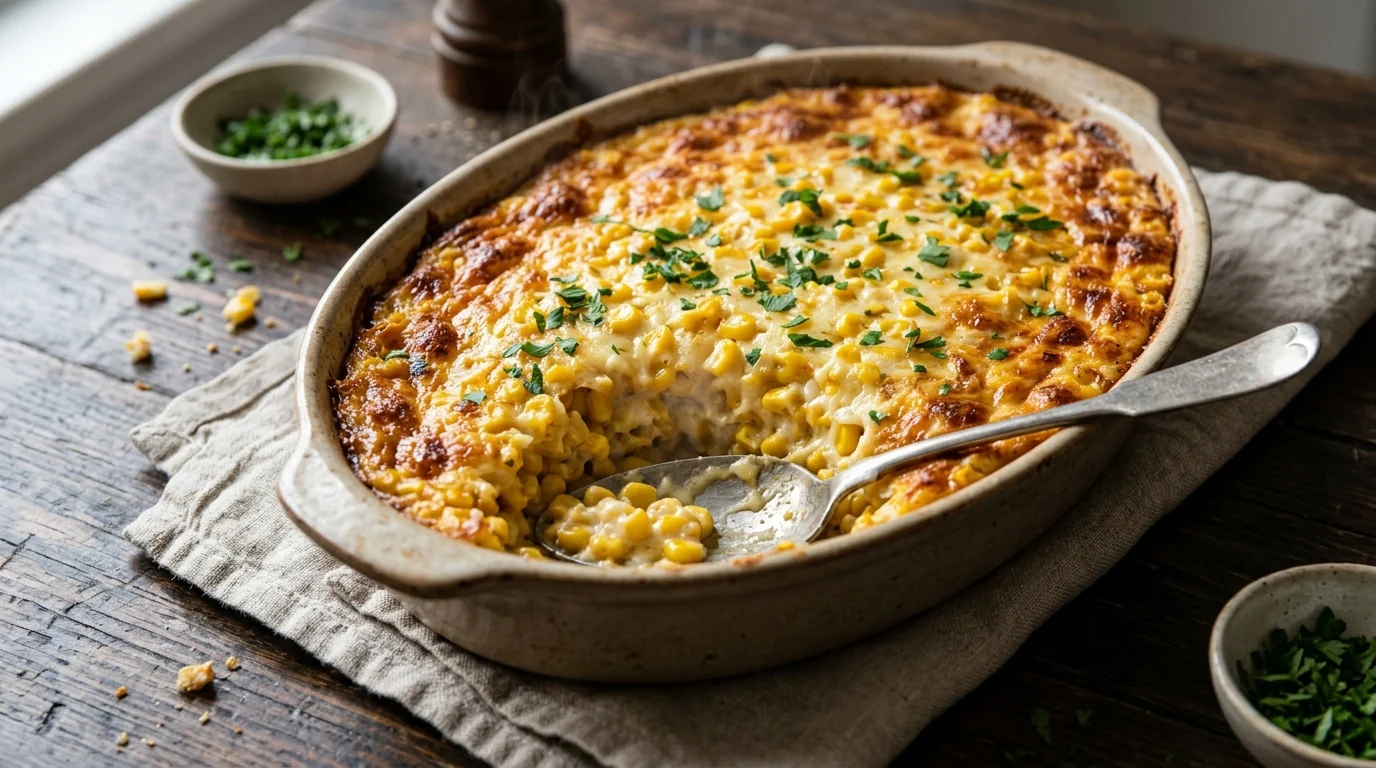 Creamy Baked Corn Casserole with Sweet Corn Kernels plated and ready to serve