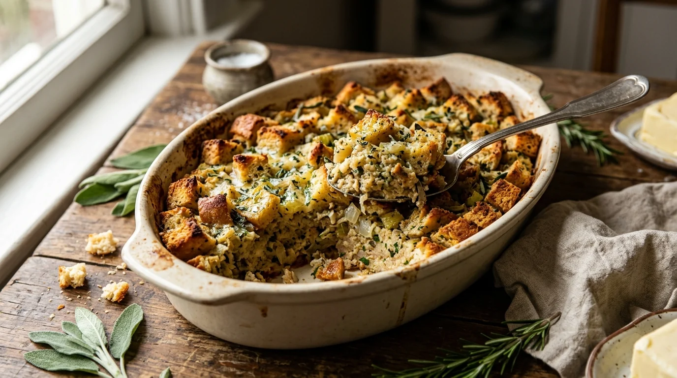 Old-Fashioned Bread Stuffing with Herbs and Butter plated and ready to serve