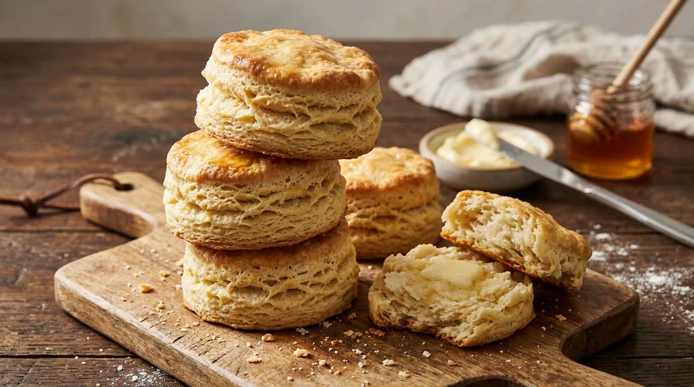 Homemade Buttermilk Biscuits with Flaky Golden Layers plated and ready to serve
