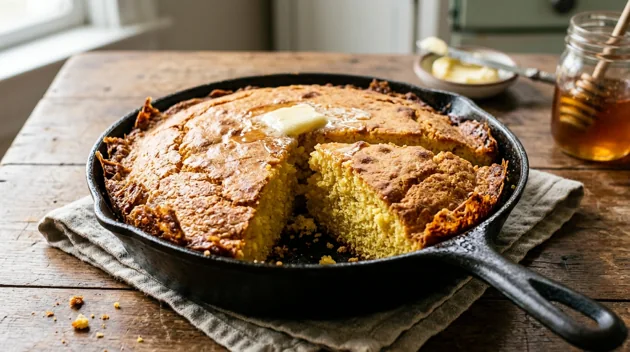 Southern Skillet Cornbread with Golden Crispy Edges, freshly prepared