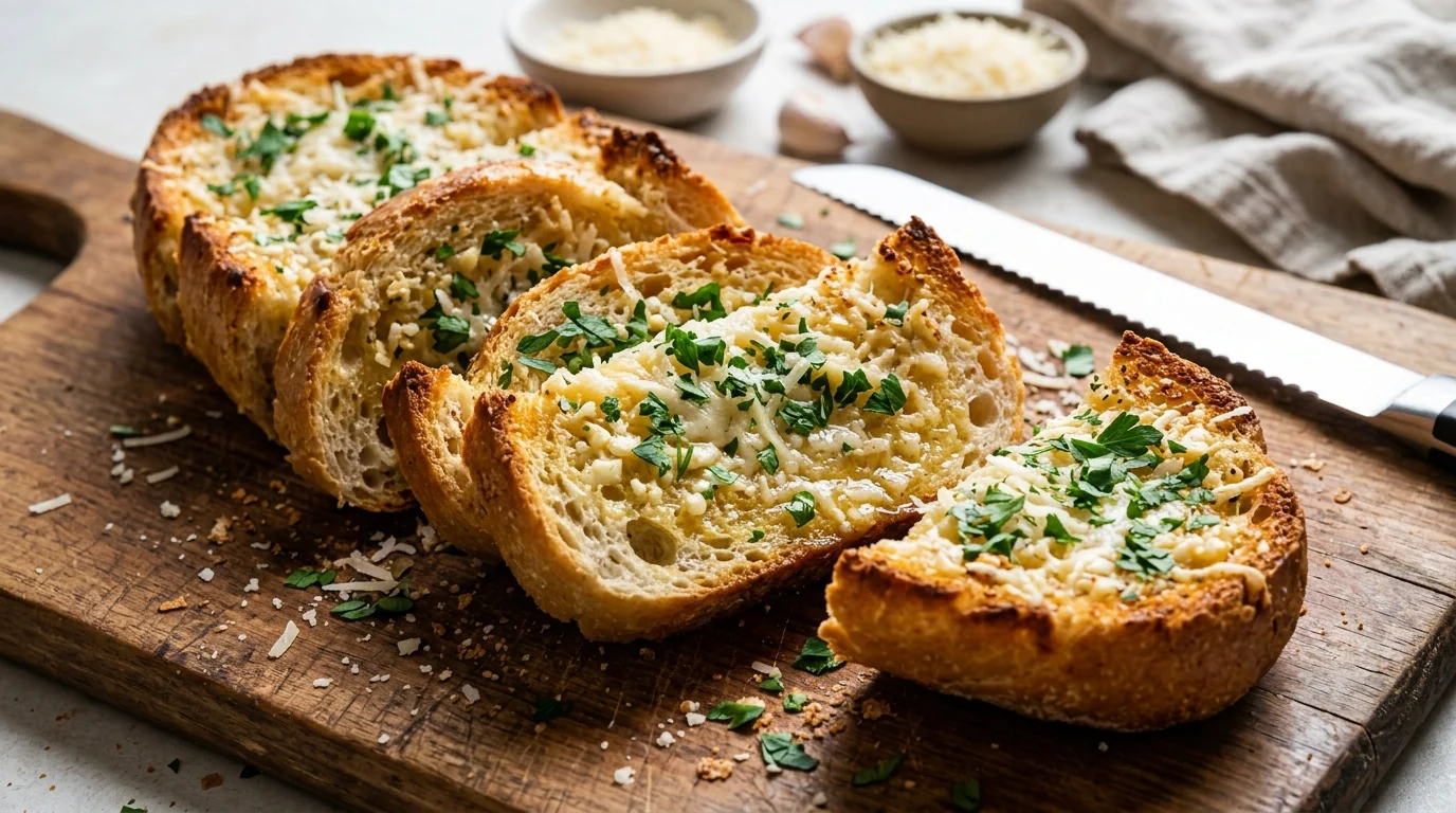 Homemade Garlic Bread with Parmesan and Fresh Parsley plated and ready to serve