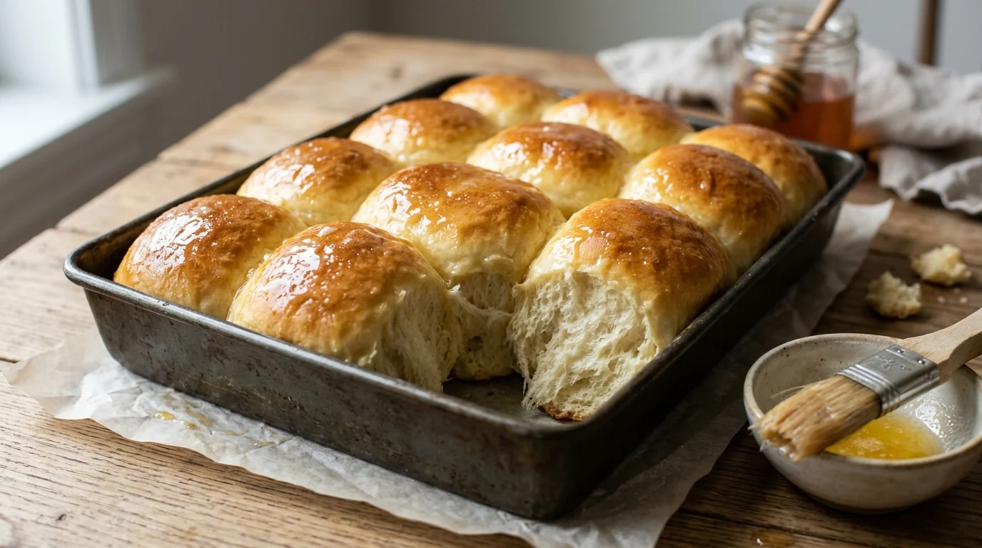 Fluffy Yeast Rolls with Honey Butter Glaze plated and ready to serve