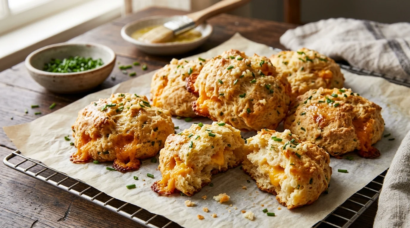 Cheddar Cheese Biscuits with Garlic and Fresh Chives plated and ready to serve