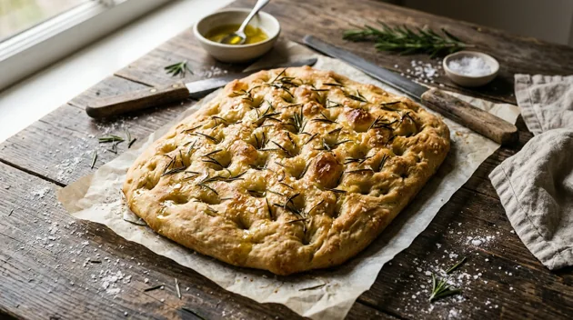Rustic Rosemary Focaccia with Olive Oil and Sea Salt, freshly prepared
