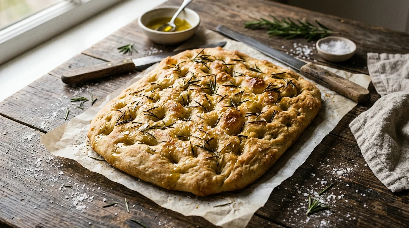 Rustic Rosemary Focaccia with Olive Oil and Sea Salt plated and ready to serve