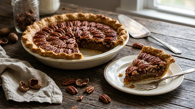 Classic Southern Pecan Pie with Buttery Homemade Crust, freshly prepared