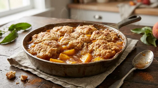 Homemade Peach Cobbler with Warm Cinnamon Biscuit Topping, freshly prepared
