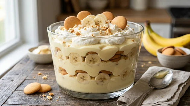 Creamy Banana Pudding with Vanilla Wafers and Whipped Cream, freshly prepared