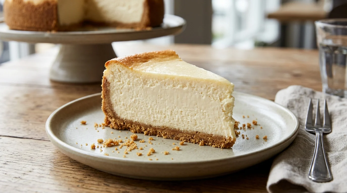 Classic New York-Style Cheesecake with Graham Cracker Crust plated and ready to serve