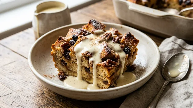 Homemade Bread Pudding with Vanilla Custard Sauce, freshly prepared