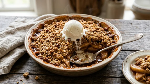 Warm Apple Crisp with Brown Sugar Oat Topping, freshly prepared