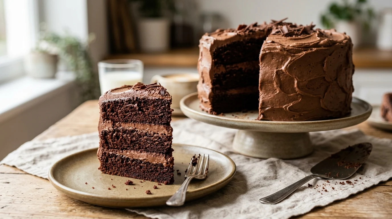 Classic Chocolate Cake with Rich Homemade Buttercream plated and ready to serve
