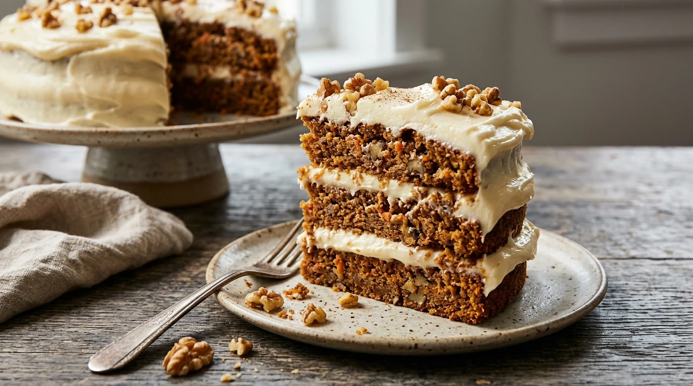 Old-Fashioned Carrot Cake with Cream Cheese Frosting plated and ready to serve